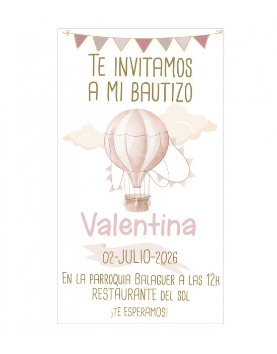 Invitación Digital de Bautizo Globo Rosa