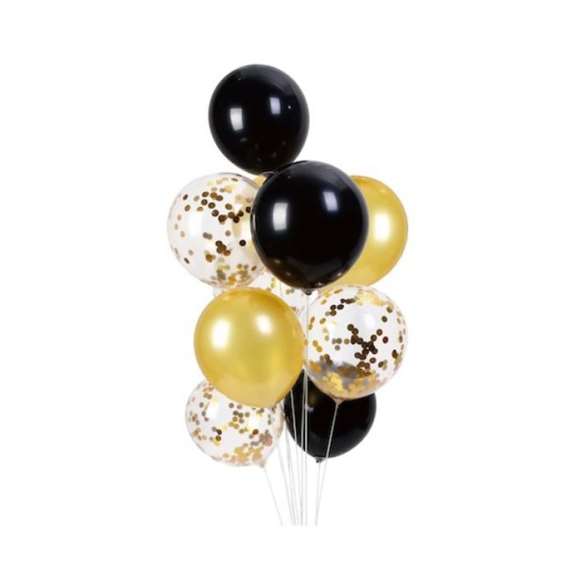 Globos Látex Oro Negro y Confetti Dorado - Tu Fiesta Mola Mazo