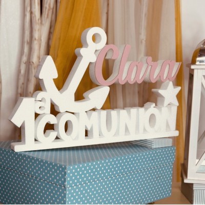 Nombre Rosa Primera Comunión con Ancla | Letras Corcho Marinero
