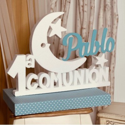 Luna de Comunión Personalizada Azul | Nombre Corcho Decoración Celestial