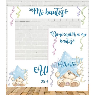 Photocall de bautizo personalizado para niño con diseño de oso de peluche y estrella azul.