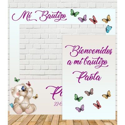 Marco photocall personalizado para bautizo de niña con nombre, osito y mariposas de colores