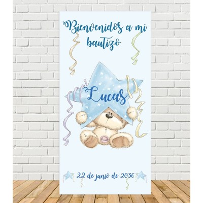 Cartel vertical personalizado para bautizo de niño con nombre, fecha, osito de peluche y estrella azul