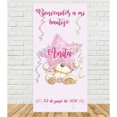 Cartel vertical personalizado para bautizo de niña con nombre, fecha, osita de peluche y estrella rosa con estrellas blancas