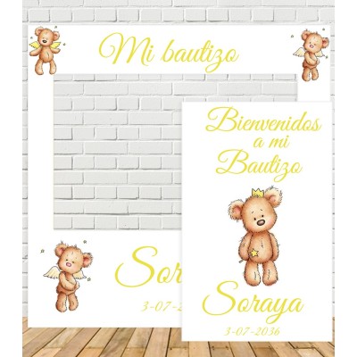 Marco photocall personalizado de cartón para bautizo con nombre, ositos con alitas de ángel y detalles amarillos