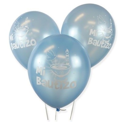 Bolsa de 12 globos Mi Bautizo azul satín Sempertex® de látex, con un diámetro aproximado de 30 cm.