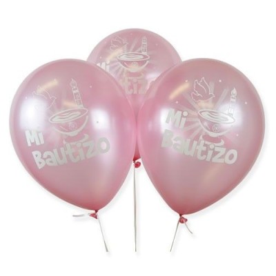 Bolsa de 12 globos Mi Bautizo rosa satín Sempertex® de látex, con un diámetro aproximado de 30 cm.