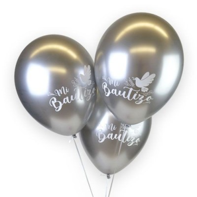 Bolsa de 12 globos cromados plata Sempertex® de 30 cm con el mensaje «Mi Bautizo».