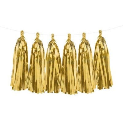 Guirnalda tassel dorada de 12 borlas para candy bars, mesas dulces y celebraciones.